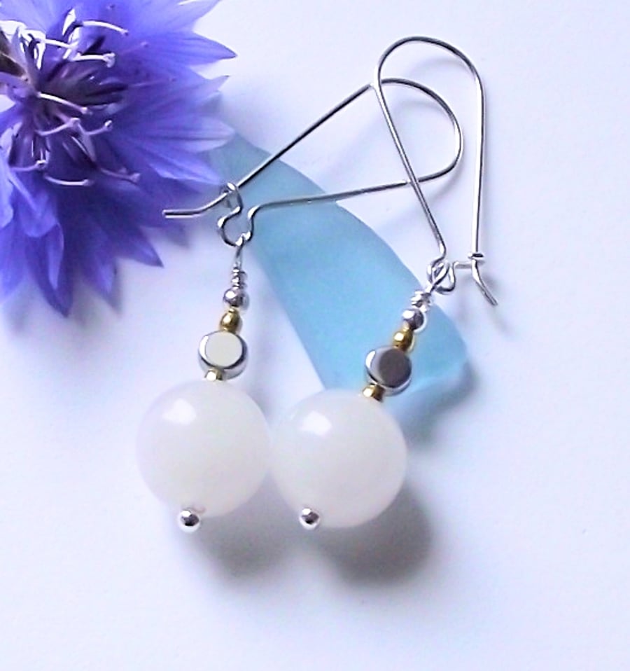 White jade and silver haematite earrings