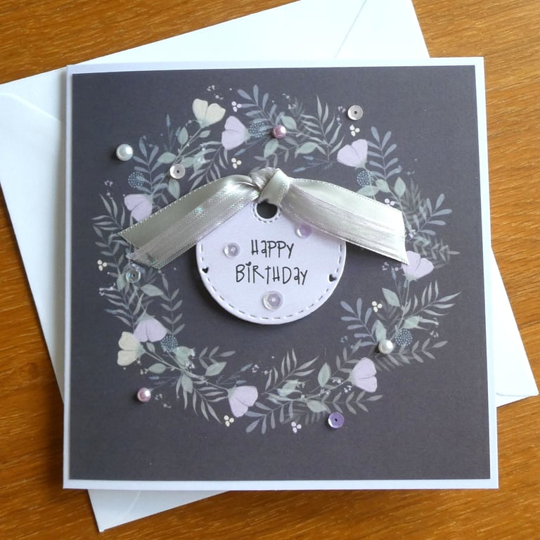 Happy Birthday Card - Pastel Floral Wreath - Slate