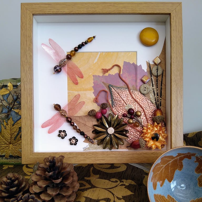 Glorious Autumn Mixed Media Dragonfly Duo Shadow Box Frame