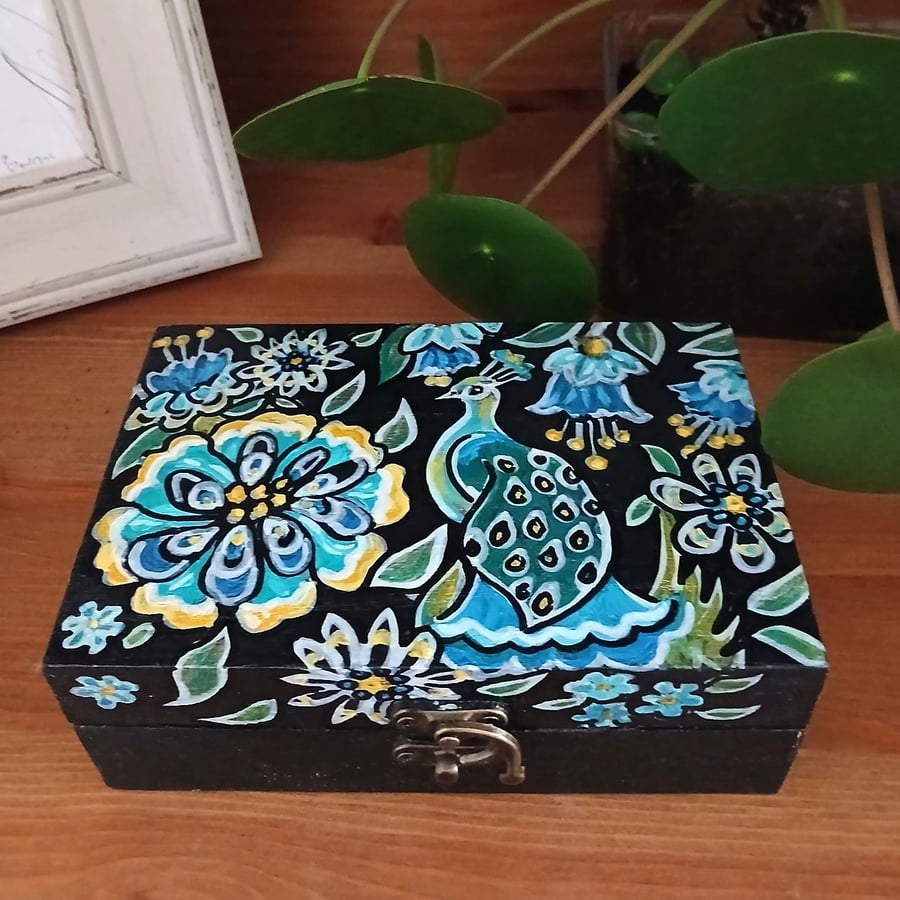 Wooden keepsake box, handpainted with ornamental birds and flowers.  