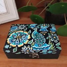 Wooden keepsake box, handpainted with ornamental birds and flowers.  