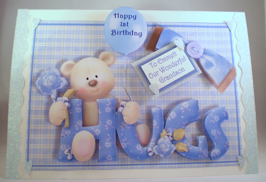 Boys First Birthday Card, cute teddy, handmade,grandson,3D, son,Personalise