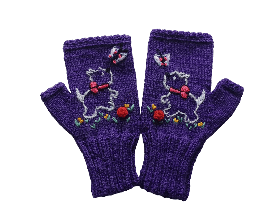 Knitted Purple Gloves With Embroidered Cute Dog And Butterfly (J7)