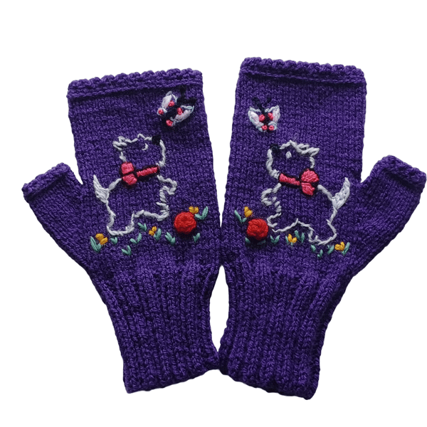 Knitted Purple Gloves With Embroidered Cute Dog And Butterfly (J7)