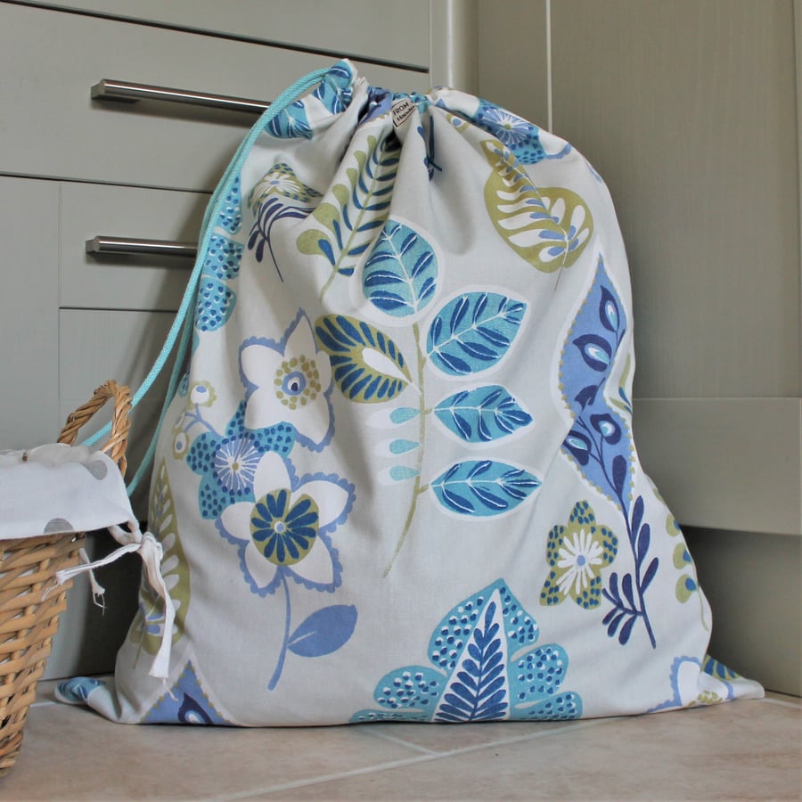 Blue Abstract Leaf Design Cotton Drawstring Laundry Bag