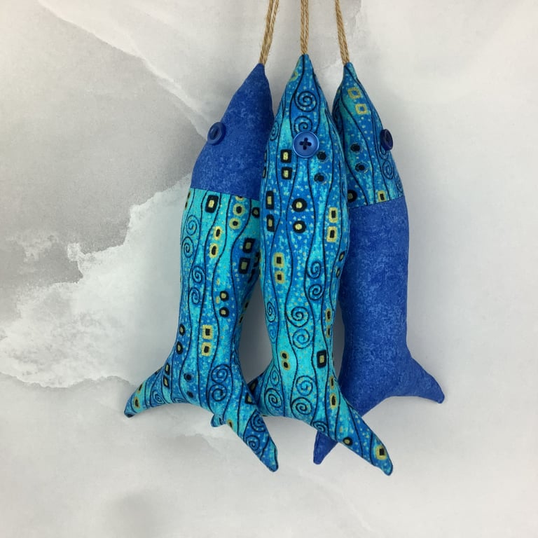 Blue and gold waves hanging fabric fish set, Handmade