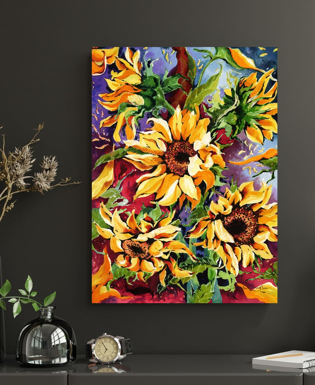 A Bold Colourful Sunflower Watercolour Art Print Vertical Floral Statement Art