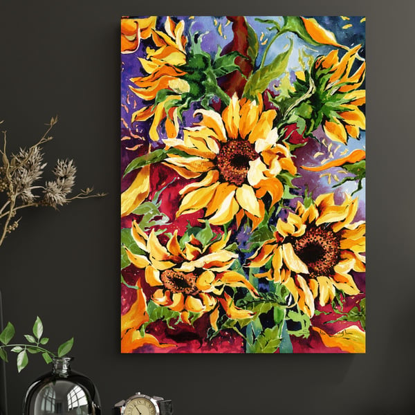 A Bold Colourful Sunflower Watercolour Art Print Vertical Floral Statement Art
