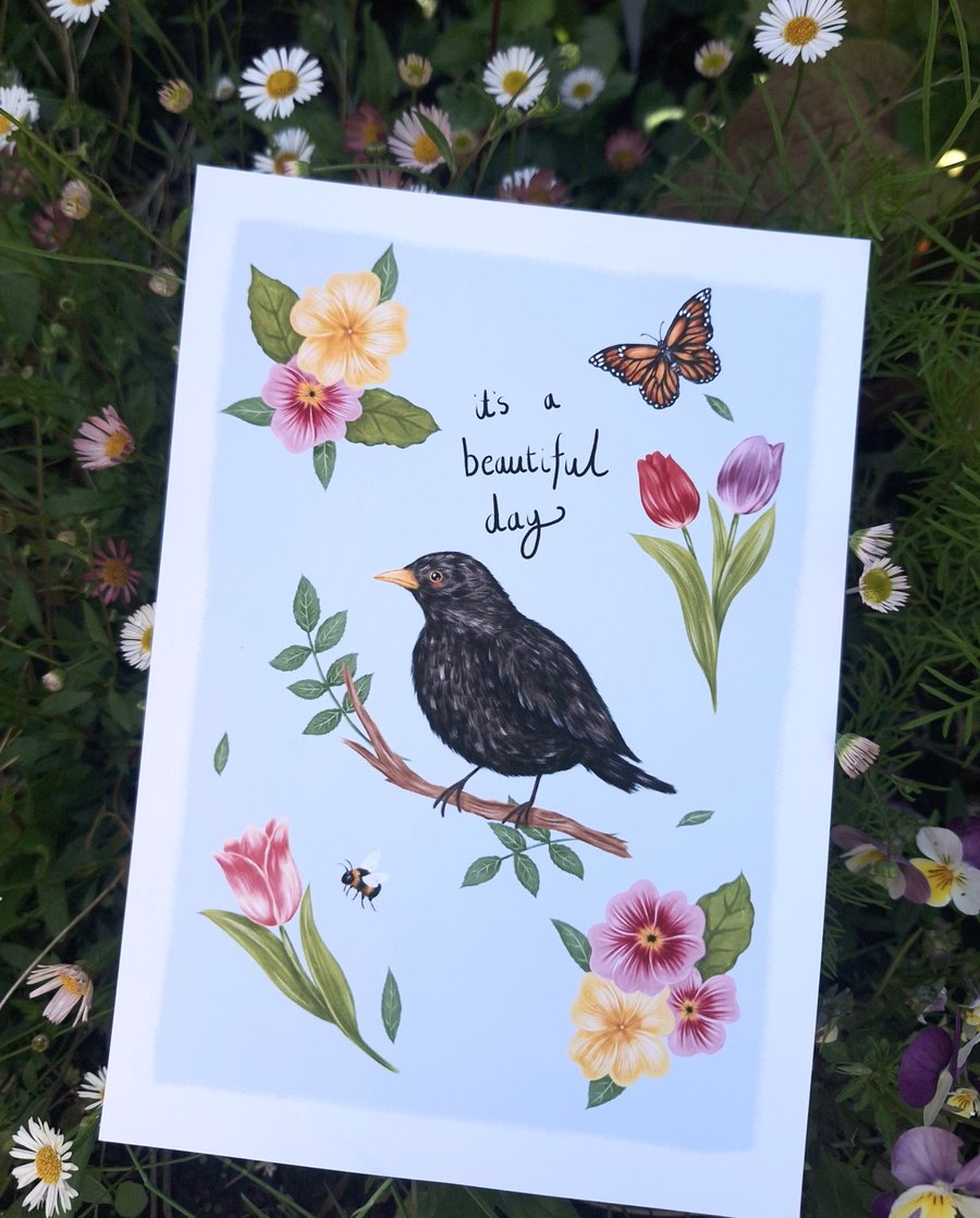 Blackbird Illustration Art Print A5 Signed Unframed