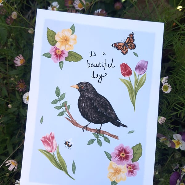 Blackbird Illustration Art Print A5 Signed Unframed