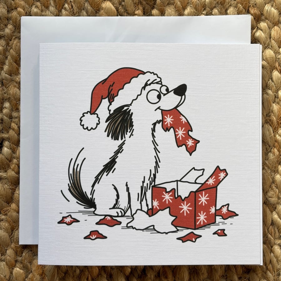 Funny Dog Christmas Card – Dog with Christmas Present for Dog Lovers