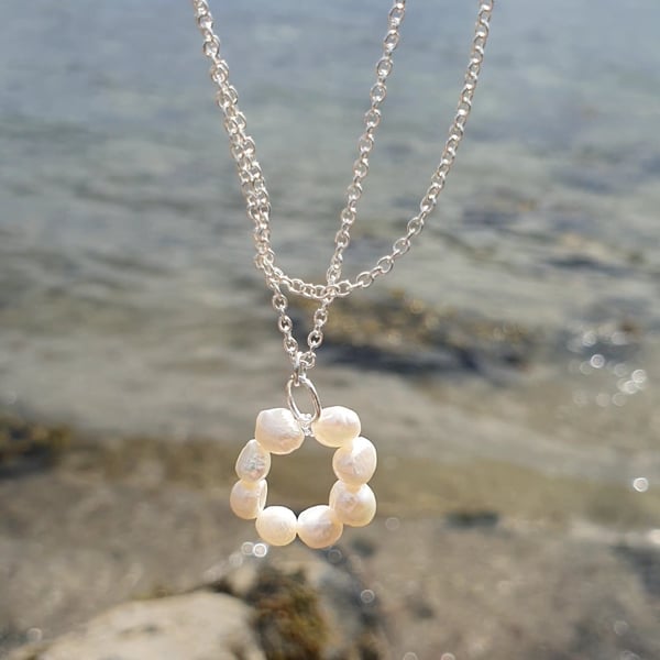 Freshwater Pearl Pendant layered Silver Necklace