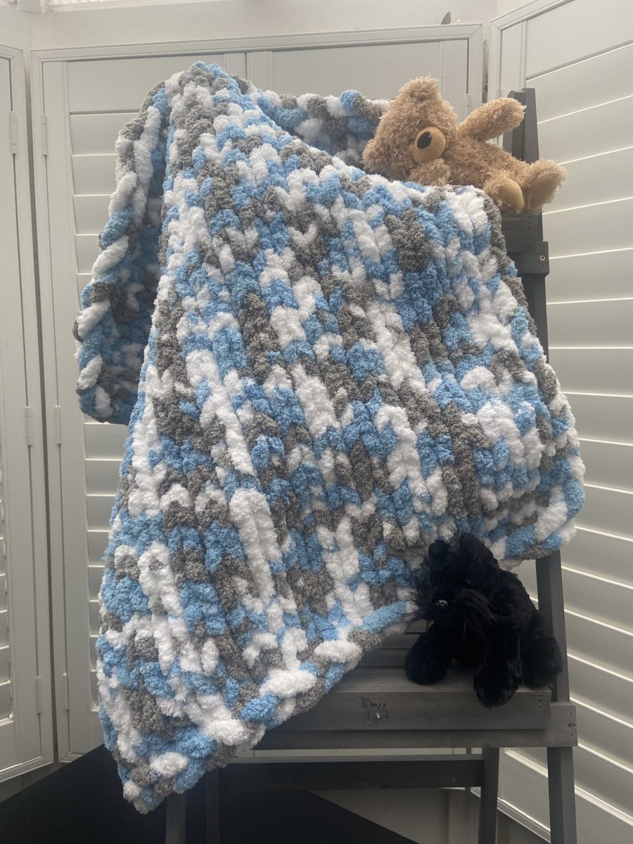 Super Soft Chunky Hand Knitted Baby Blanket (Colour: Blue Smarties)