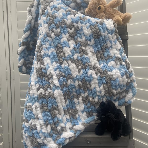 Super Soft Chunky Hand Knitted Baby Blanket (Colour: Blue Smarties)
