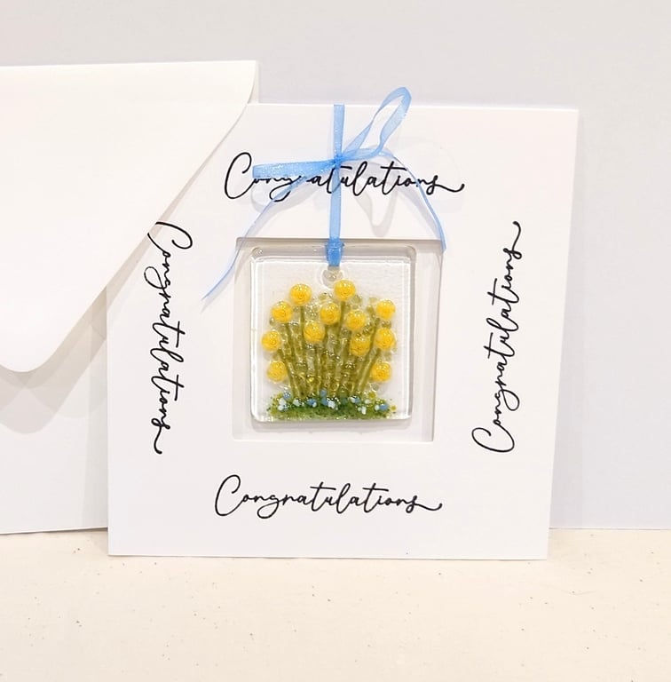 Yellow Roses Card with Handmade Fused Glass Keepsake 