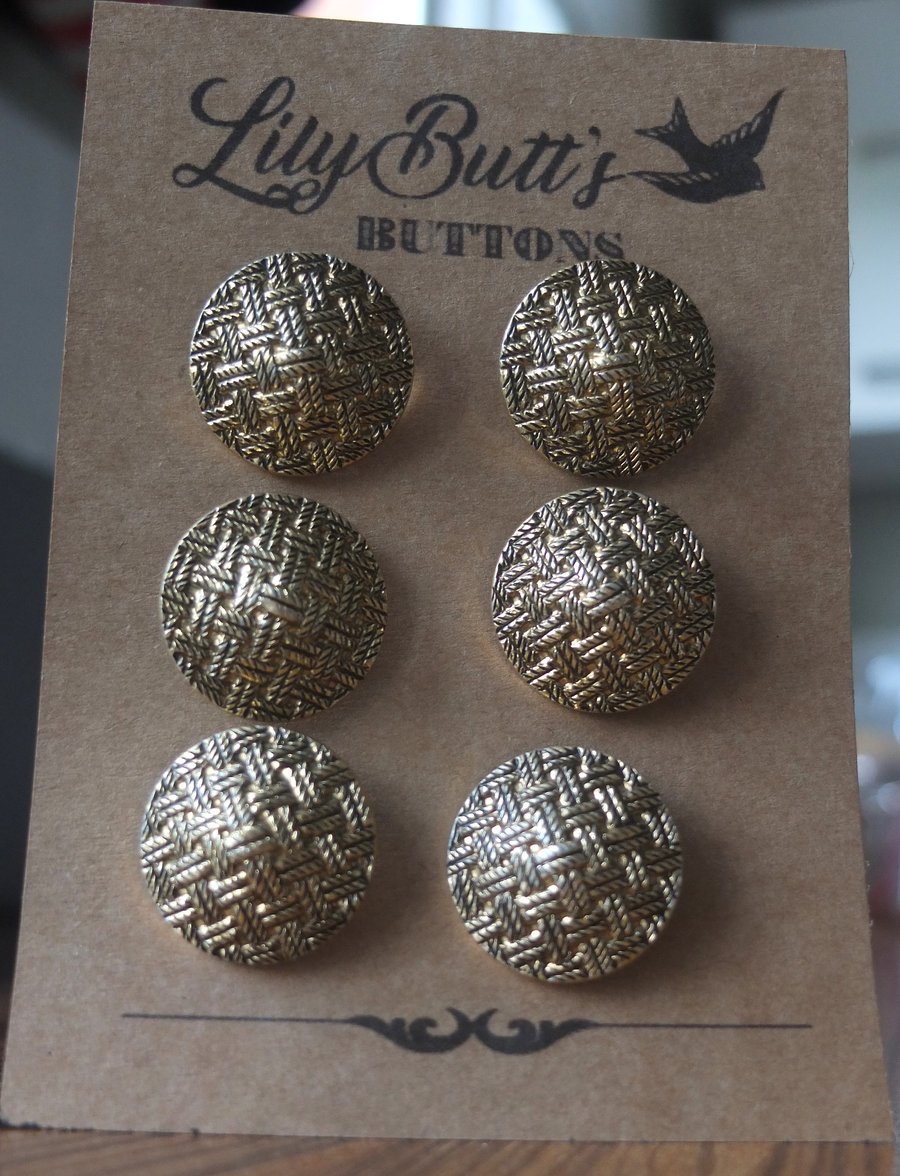6  Vintage Gold Basket Weave Buttons 27mm
