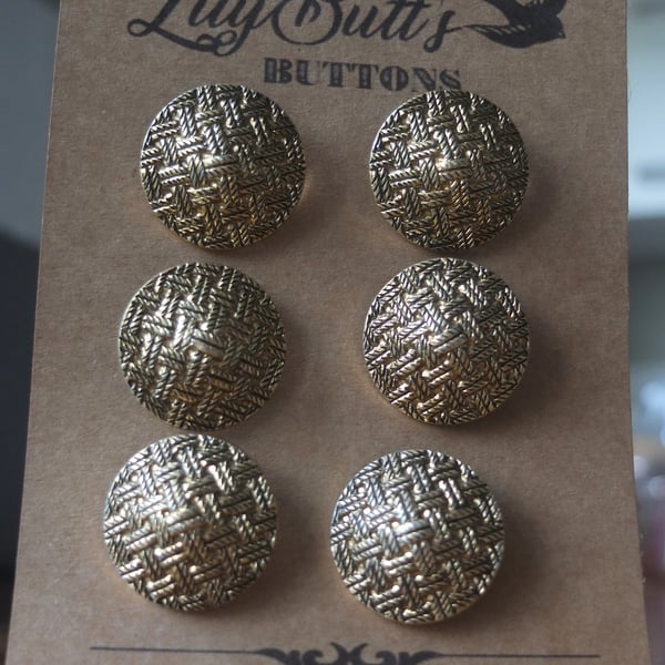 6  Vintage Gold Basket Weave Buttons 27mm