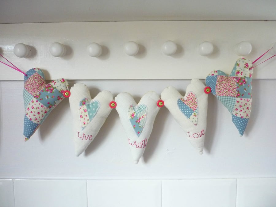 Shabby Chic Fabric Love Heart Hanging Garland Bunting Floral Patchwork