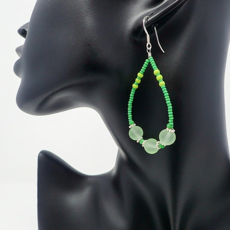 Bright Green Beaded Teardrop Hoop Earrings