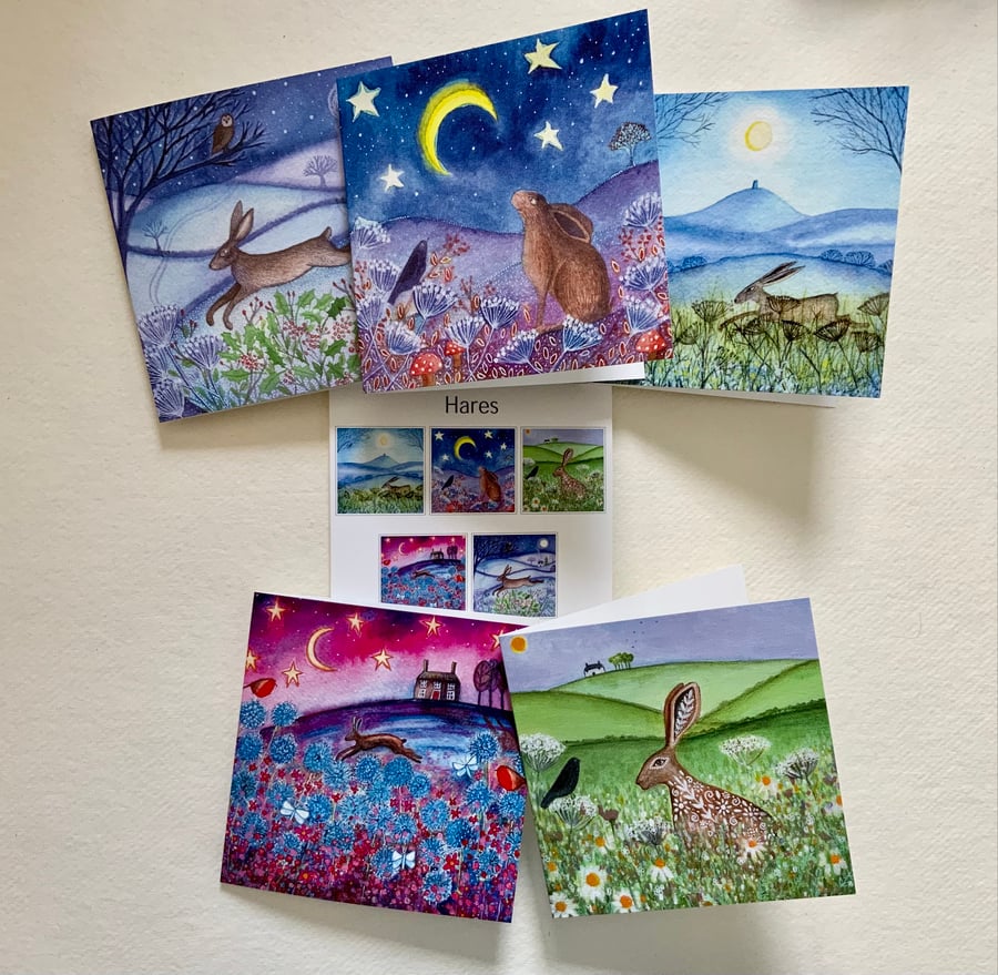 Hares, blank greetings card pack