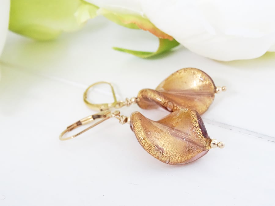 Murano Glass Earrings, Venetian Glass Earrings, Leaf Earrings, Goldfill Earrings