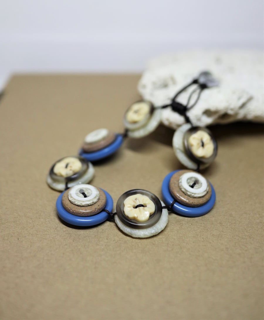 Sky blue and natural colors  - Vintage Button Adjustable Bracelet