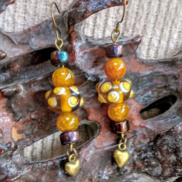 Ochre Dragon's Vein GEMSTONE beads, amber Lampwork glass beads heart EARRINGS
