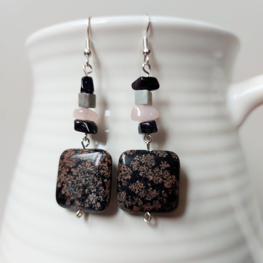 Sterling silver and gemstone drop earrings with square beads of Jasper
