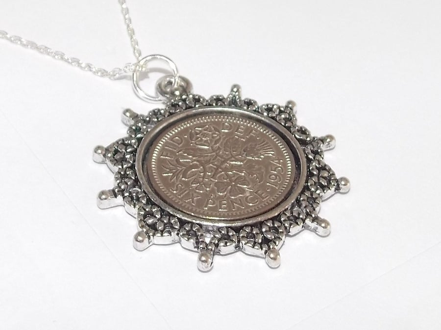 Star Pendant 1956 Lucky sixpence 64th Birthday plus a Sterling Silver 18in Chain
