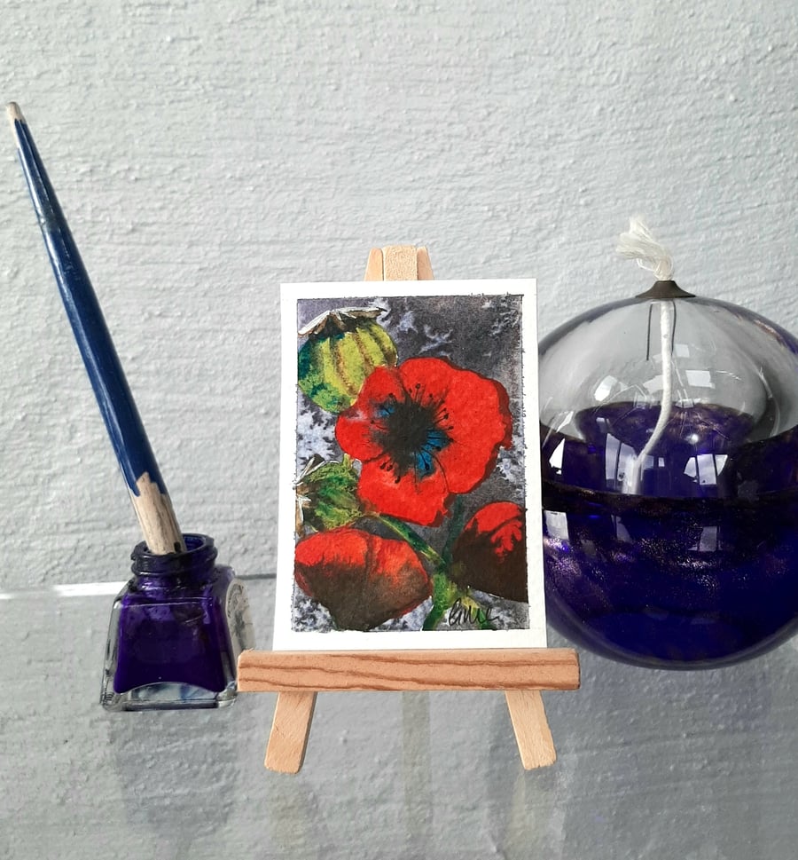 Red Poppies. Handpainted Art Trading Card. ACEO. Original Watercolour Mini Art