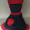 Vintage 50s Style Full Apron Pinny - Black & White Polka Dot with Red Trim
