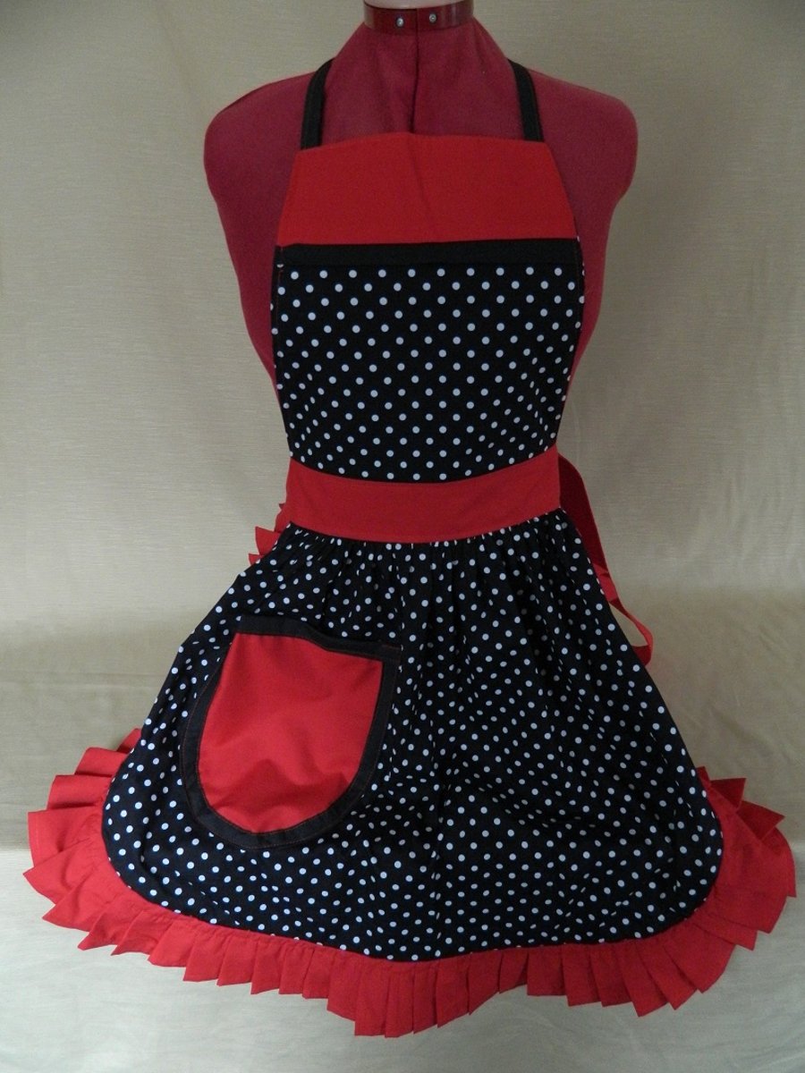 Vintage 50s Style Full Apron Pinny - Black & White Polka Dot with Red Trim