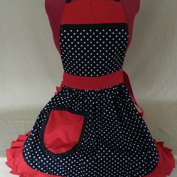 Vintage 50s Style Full Apron Pinny - Black & White Polka Dot with Red Trim