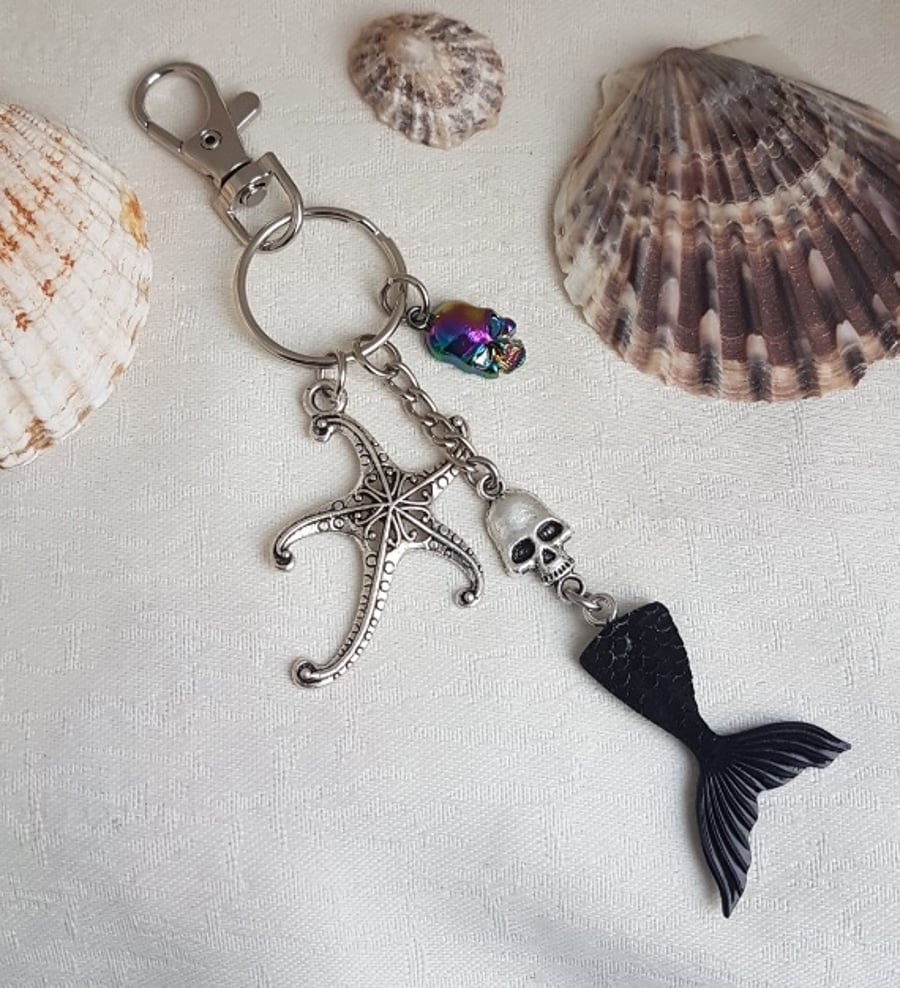 Gorgeous Goth Mermaid with Skulls - Key Ring - Bag Charm - Key Chain