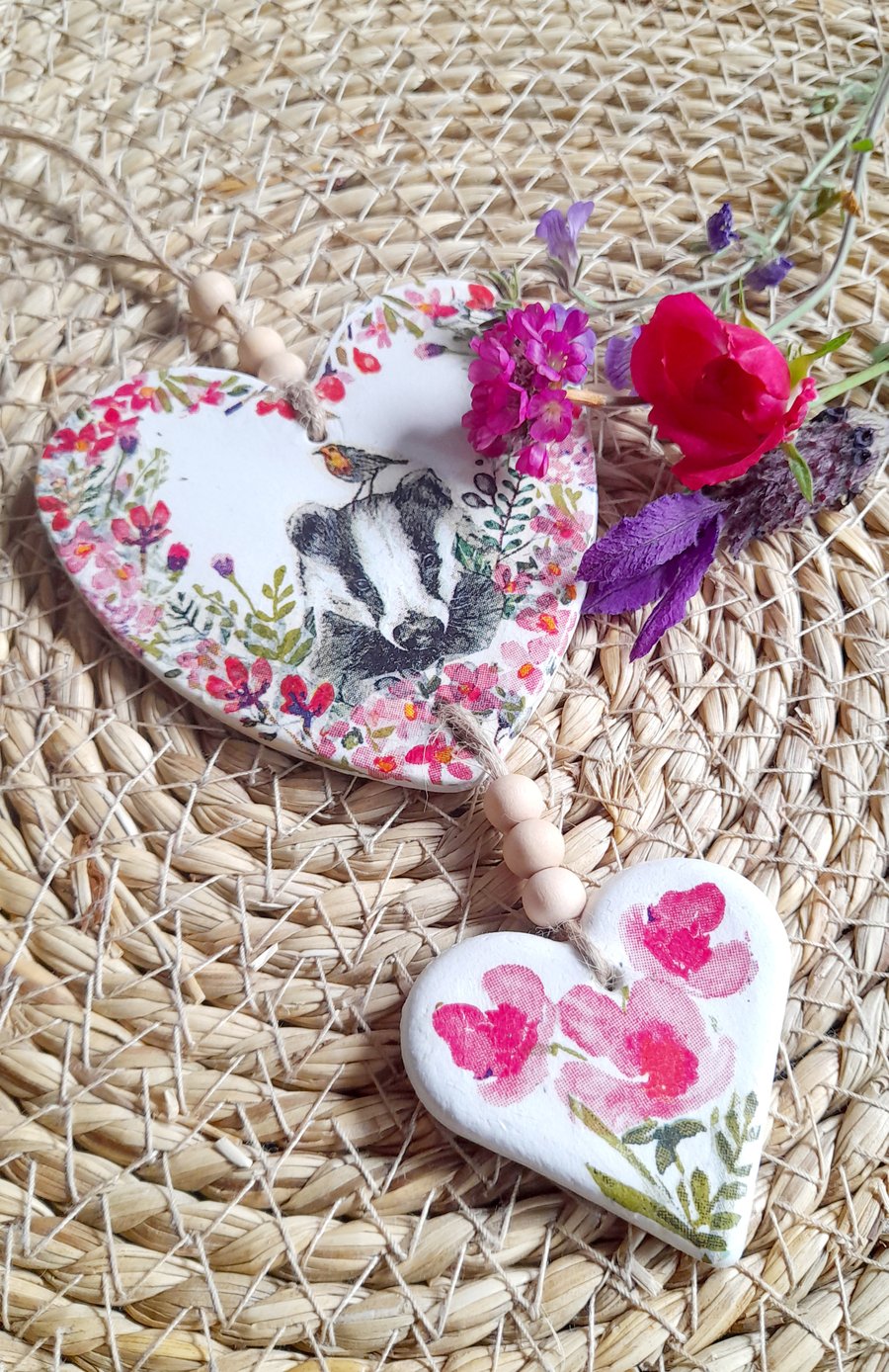 Floral  Badger Hanging Clay Hearts FREE POSTAGE