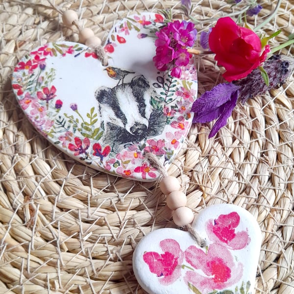 Floral  Badger Hanging Clay Hearts FREE POSTAGE