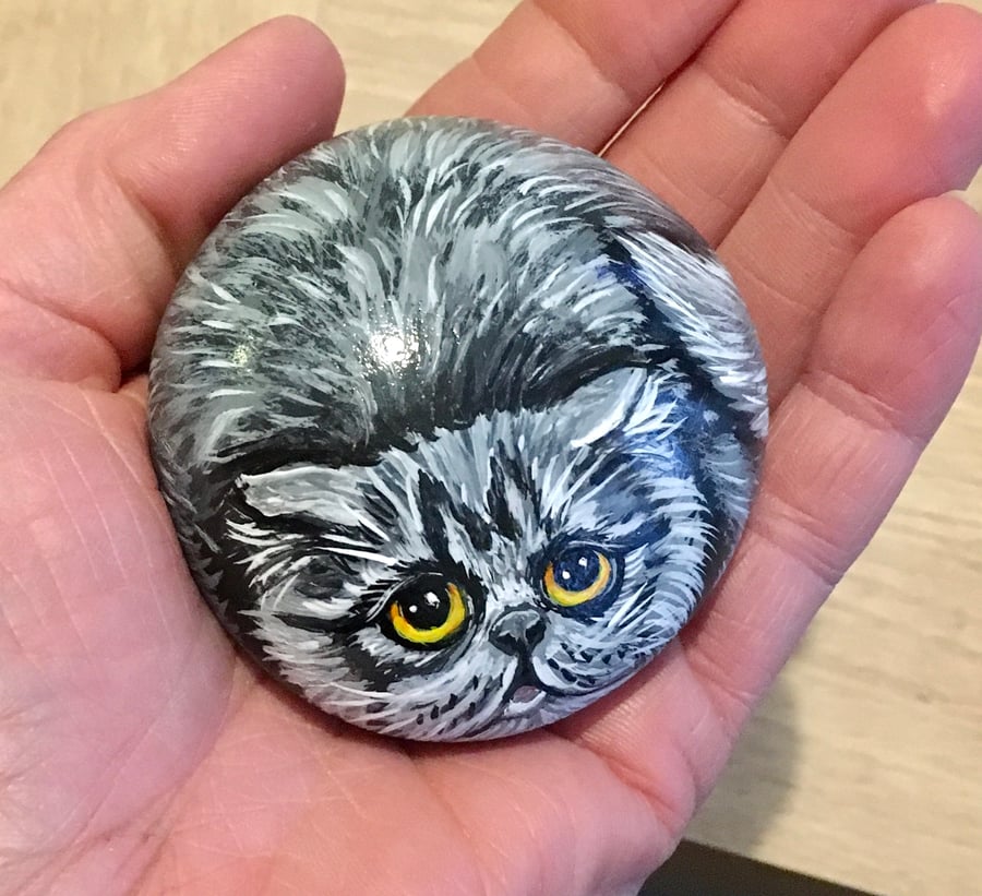 Cat painted pebble garden rock art stone pet portrait 