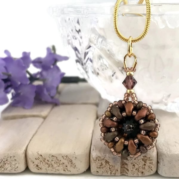 Crystal Bead Weave Pendant Necklace In Brown Russet Tones