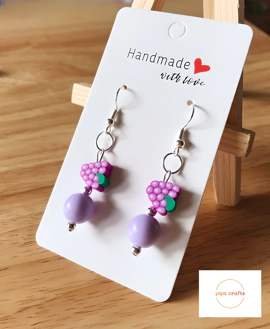 Tutti Frutti Bead Earrings Grapes 925 Silver Hooks, Quirky, Fun Fruit Jewellery 