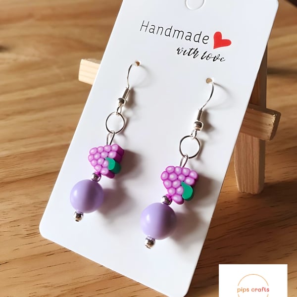 Tutti Frutti Bead Earrings Grapes 925 Silver Hooks, Quirky, Fun Fruit Jewellery 