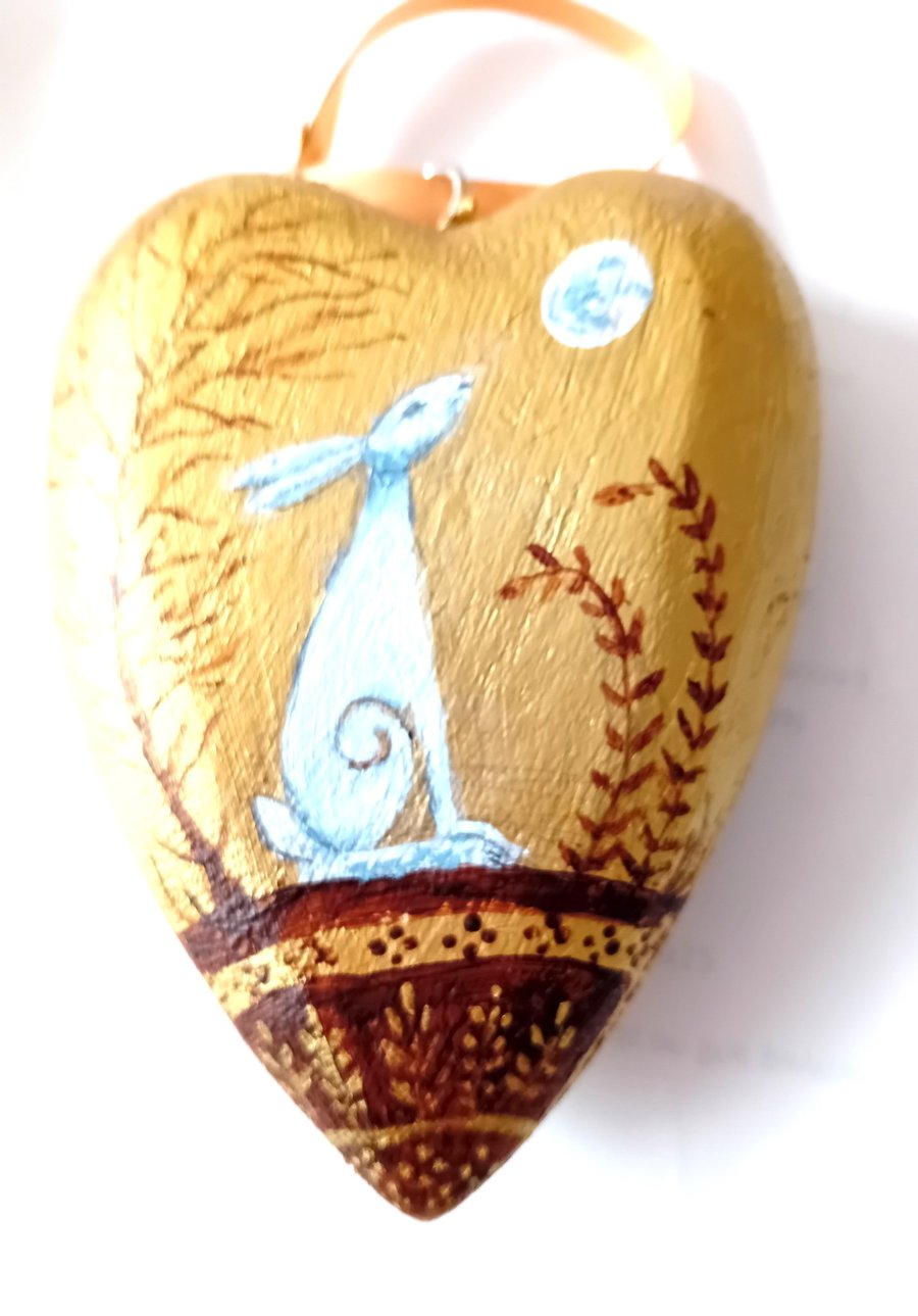 Hare on a chunky golden heart shape hand painted - Folksy