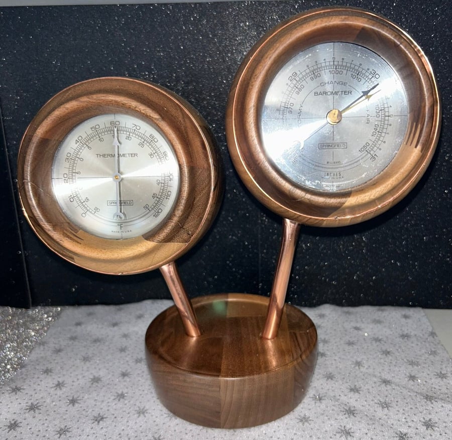 One of a kind Barometer and Thermometer mounted in hand turned wooden cases. 