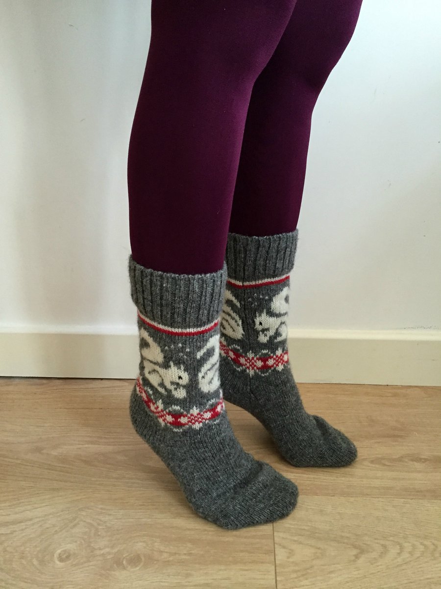 READY TO SHIP Grey Wool Socks White Squirrel Red Farisle Winter Christmas Nordic