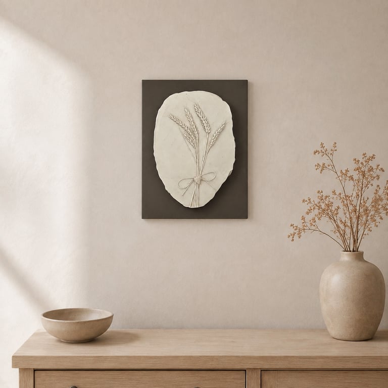 Botanical Wheat Plaster Relief Wall Art - Handmade Taupe Farmhouse Decor