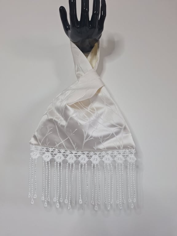 Ivory satin patterned Japanese Knot bag with floral lace trim, wedding bag