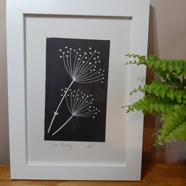 Original linoprint of Cow Parsley seed 