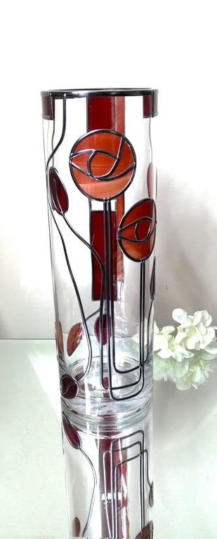 Mackintosh Stained Glass Flower Vase in Burnt Orange and Ruby Red