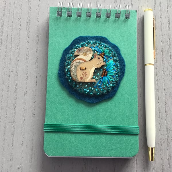 Hand Embroidered Squirrel Notebook and Pen Set