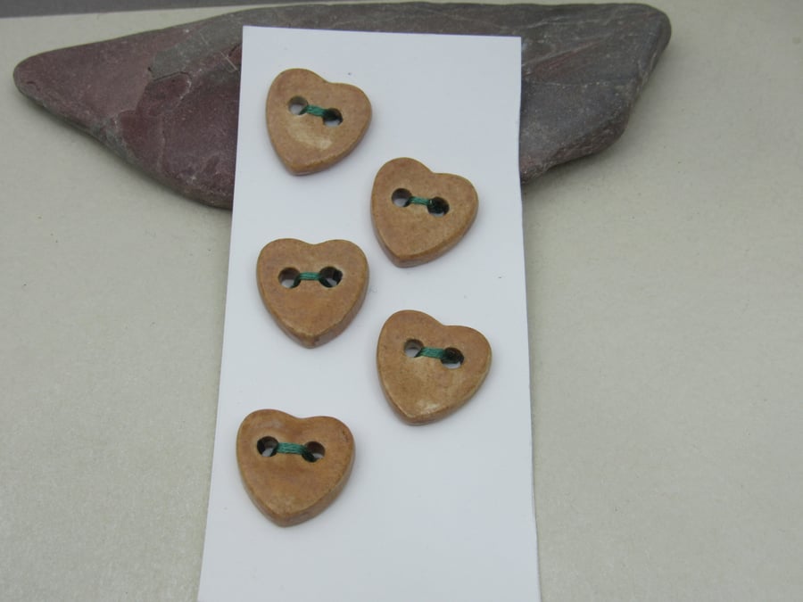 5 Small Heart Shaped Sand Brown Handmade Ceramic Buttons