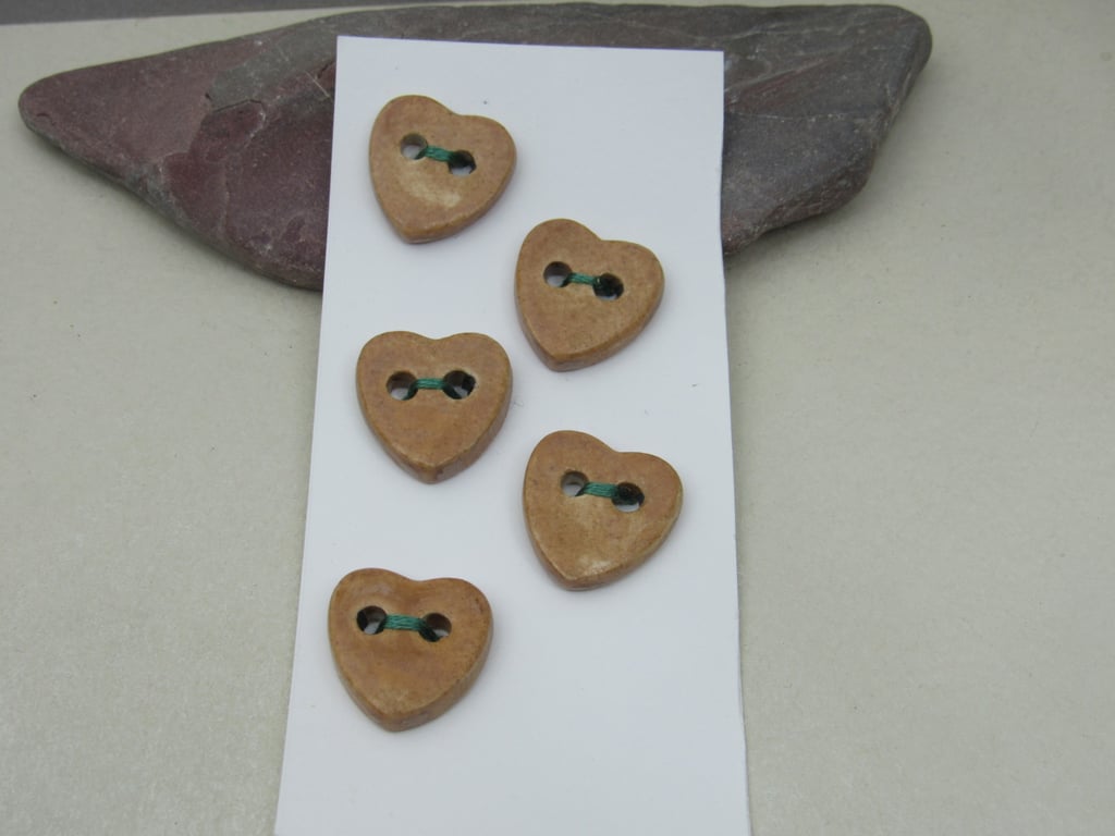 5 Small Heart Shaped Sand Brown Handmade Ceramic Buttons
